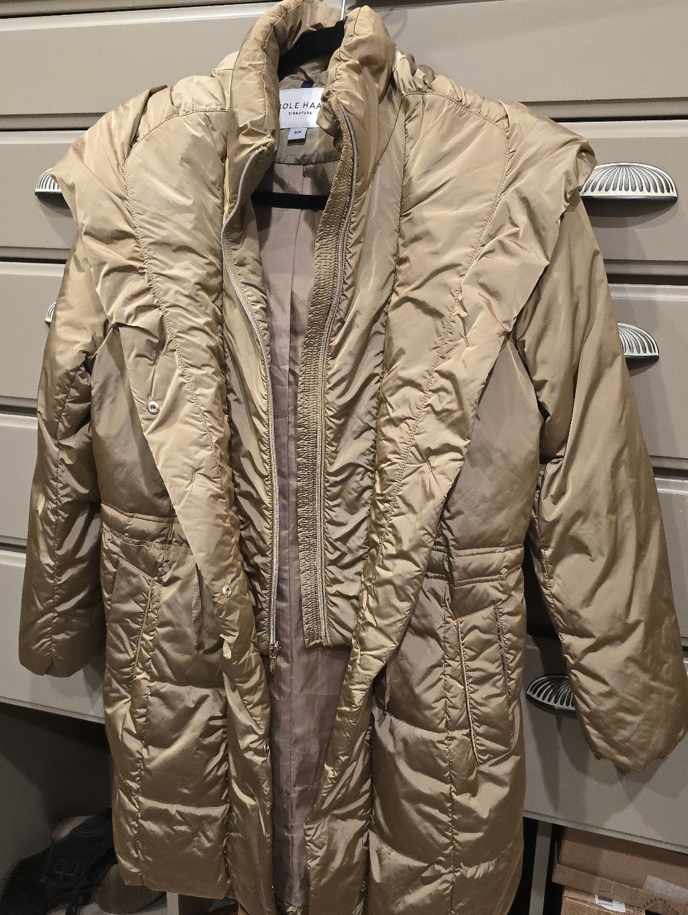 Cole Haan Light Tan Quilted Puffer Coat For Woman